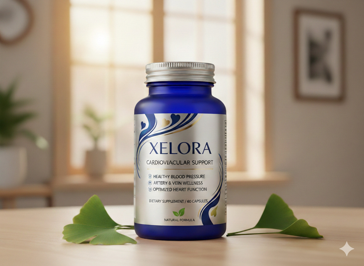 Xelora supplement bottle and packaging on a neutral surface